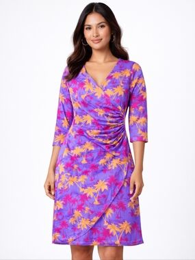 CIAO BELLA St. Tropez 3/4 sleeve bright palm print rouched dress spandex